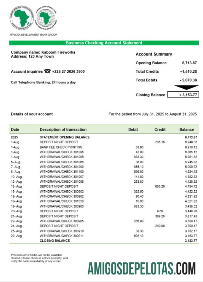 Exemplo de extrato do Banco Africano de Negócios de Desenvolvimento em formato Word e PDF